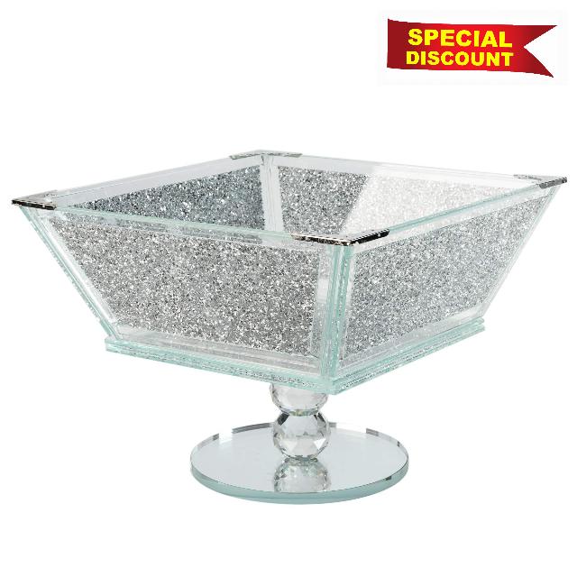 London Boutique Crystal Extra Large Fruit Bowl Centre Piece Storage Sparkle Crushed Diamond Filled Silver Metal Frame Square Shape 7.5 Inches Height