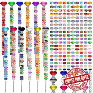 Tigeen 236 Pcs Garden Stakes Decorative Beaded Garden Stakes with 12 Colorful Crystal Stopper Top 12 Threaded Rod with 12 Nuts 200 Assortment Round Large Hole Beads for Outdoor Decoration