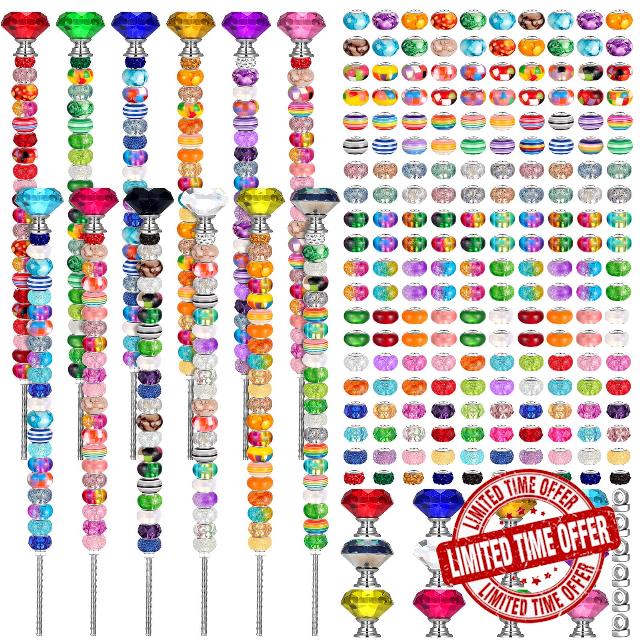 Tigeen 236 Pcs Garden Stakes Decorative Beaded Garden Stakes with 12 Colorful Crystal Stopper Top 12 Threaded Rod with 12 Nuts 200 Assortment Round Large Hole Beads for Outdoor Decoration
