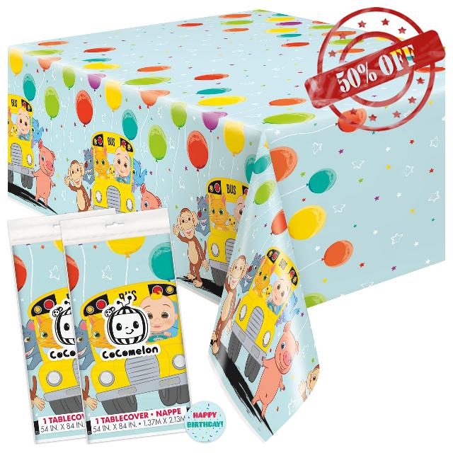 Unique CoComelon Birthday Decorations - Rectangular Plastic Table Covers (Pack of 2) and Sticker