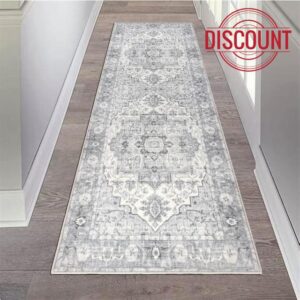 Falflor Area Rug Vintage Runner Rug 2'x6' Grey Hallway Runner Rug Non-Slip Distressed Area Rug Washable Entryway Rug Boho Bedroom Rug Bathroom Rug Long Carpet for Foyer