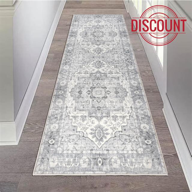 Falflor Area Rug Vintage Runner Rug 2'x6' Grey Hallway Runner Rug Non-Slip Distressed Area Rug Washable Entryway Rug Boho Bedroom Rug Bathroom Rug Long Carpet for Foyer