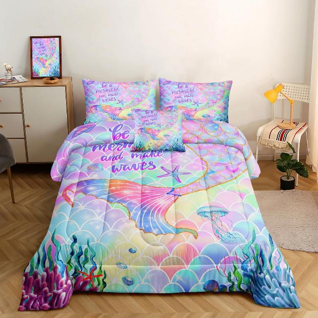 ROWADALO 6 Pieces Mermaid Scale Glitter Comforter Set Fish Scale Shell Starfish Girls Bedding Set