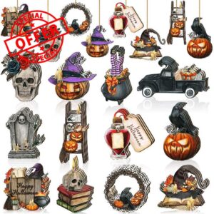 36 Pcs Halloween Wood Ornaments Vintage Halloween Decorations for Tree Skull Witch Hat Pumpkin Crow Tombstones Wood Cutouts with Rope Happy Halloween Decor for Home Christmas Small Tree Party