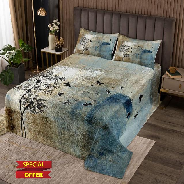 Castle Fairy Geometric Abstract Bedspread Queen Size Vintage Brown Navy Blue Grey Bedding Set 3pcs Dandelion Butterfly Comforter Set Teens Men Adult Room Decor Graffiti Art Quilt Set