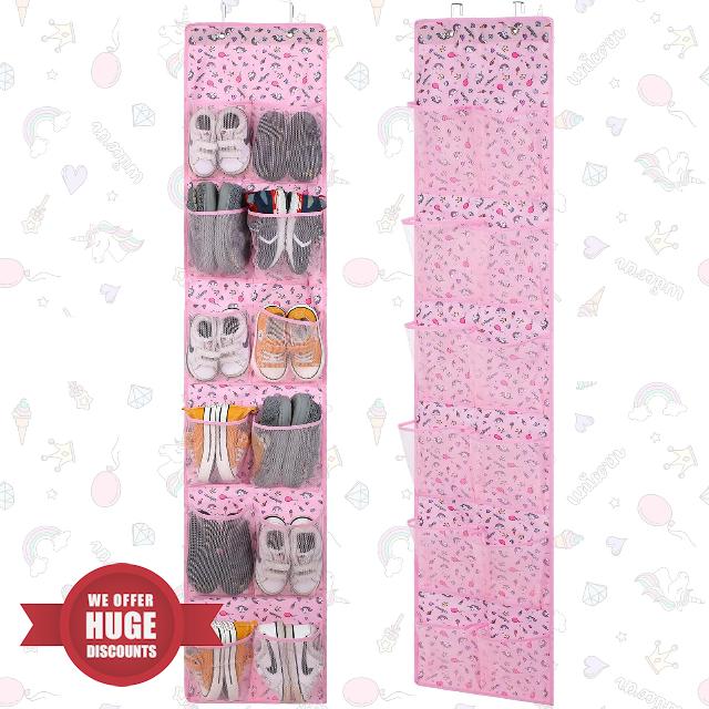 Windyun 2 Pcs Unicorn Kids Shoe Organizer Baby Over the Door Shoe Organizers Hanging Girls Pink Shoe Rack Kids Shoe Storage 12 Mesh Pocket Toddler Shoe Holder Hanger for Door Closet Bedroom Wall