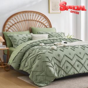 inron Sage Green Queen Comforter Set Tufted Bed in a Bag Queen 7 Pieces