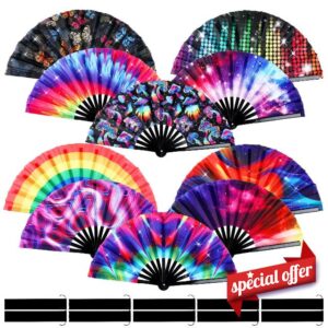 Tradder 10 Pcs Summer Folding Hand Rave Fan Large Folding Fans Bamboo and Nylon Cloth Festival Fan Decorative Dance Fans with Fan Bags for Performance Party Gifts Props Craft Women Men (Fresh)