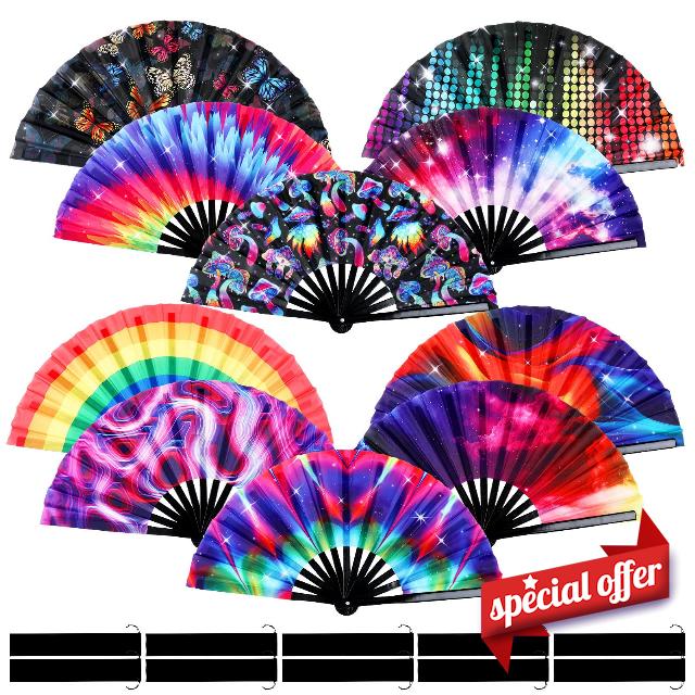 Tradder 10 Pcs Summer Folding Hand Rave Fan Large Folding Fans Bamboo and Nylon Cloth Festival Fan Decorative Dance Fans with Fan Bags for Performance Party Gifts Props Craft Women Men (Fresh)