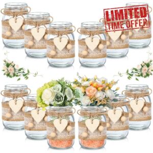 Mumufy 12 Pcs Mason Jars 16 oz Glass Jars with 12 Lace Sleeves and 12 Heart Shaped Hemp Rope Wide Mason Jar Vases Reception Engagement Party Bridal Shower Centerpieces Wedding Table Decorations