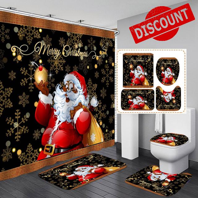 Peryiter Black Santa Claus Shower Curtain Sets with Non Slip Rugs Toilet Lid Cover Bath Mat and 12 Hooks Christmas Bathroom Decor Waterproof Xmas Snowflake Shower Curtain for Bathroom