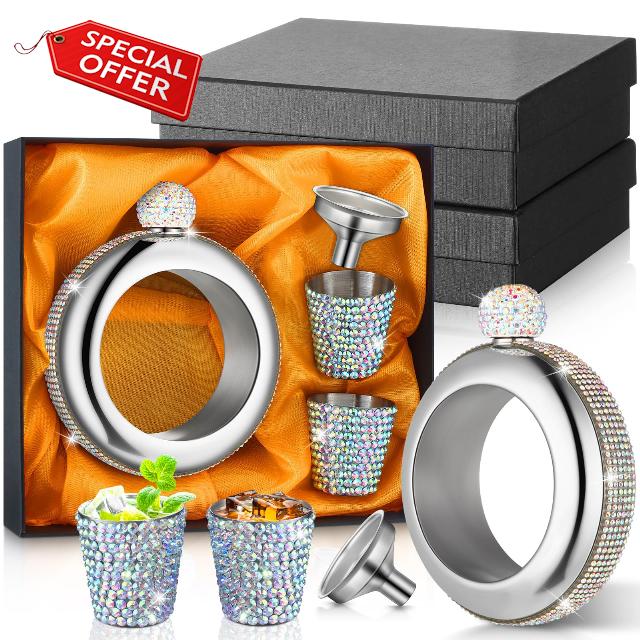 Tioncy 2 Pieces Bling Bracelet Flask 3.5 oz 304 Stainless Steel Bangle Flasks Set with 2 Rhinestone Shot Glass and Funnel in a Gift Box (Silver)