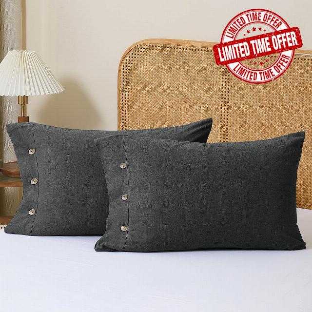 King Size Pillowcase Set of 2-55% Euro Linen 45% Cotton Blend Natural Easy Care Coconut Button Closure Pillowcases for Hot Sleepers & Night Sweats