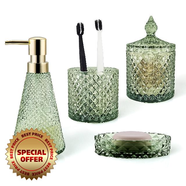 LaMarriti 4Pcs Green Glass Bathroom Accessory Complete Sets