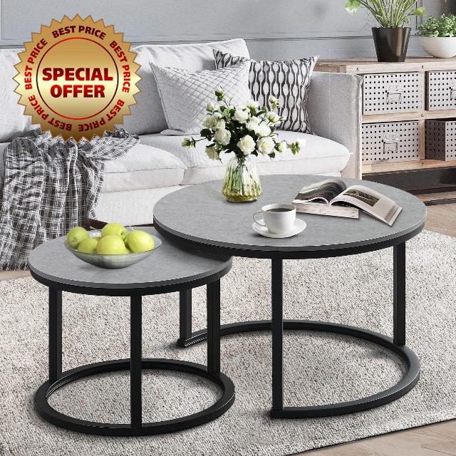 Vida Vistoso Nesting Tables Set of 2 Round Coffee Tables for Living Room Elegant Center Table with Wood Grain Table Top Small End Tables for Bedroom 27.5" Round Nesting Coffee Table Set Grey