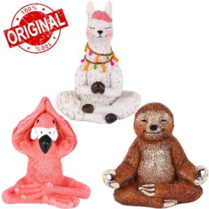 Mood Lab Miniature Yoga Figurines Set - Funny Mini Statue Kit of 3 pcs - Flamingo Llama Sloth in Meditation Pose - Fairy Garden Decor