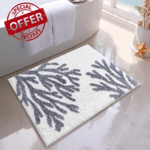FOFARY Coral Bath Mats for Bathroom Non Slip White Bathroom Rugs Coastal Beach Bathroom Decor Washable Tropical Bath Rug for Shower Tub Entryway Kids Room 20"x32"