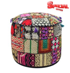 COTTON CRAFT Sari Patchwork Pouf - Embroidered Embellished Ottoman Foot Stool Bean Bag - Boho Eclectic Versatile Vintage Bedroom Dorm Accent Seating - Prefilled 17 Hx19 Round - Ember Black Multicolor