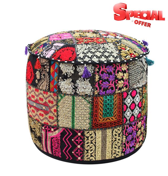 COTTON CRAFT Sari Patchwork Pouf - Embroidered Embellished Ottoman Foot Stool Bean Bag - Boho Eclectic Versatile Vintage Bedroom Dorm Accent Seating - Prefilled 17 Hx19 Round - Ember Black Multicolor