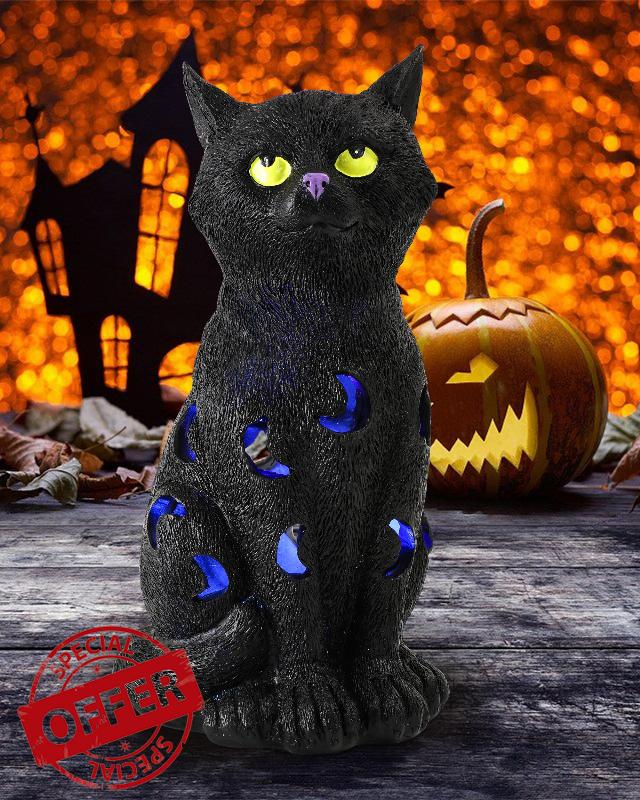 iStatue Black Cat Figurine - 10’’ Resin Lighted Halloween Decorations Miniature Statue for Indoor/Outdoor Porch