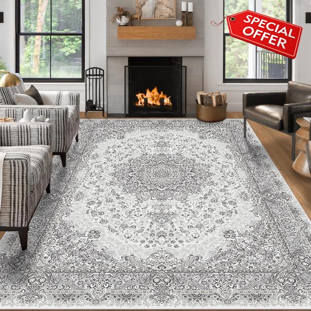 Area Rug Living Room Rugs: 8x10 Washable Oriental Persian Carpet for Bedroom Under Dining Table Large Farmhouse Floral Distressed Indoor Non Slip Decor Home Office Nursery - Gray