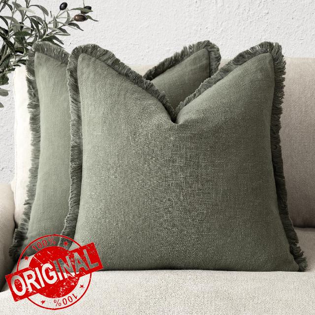 Foindtower Set of 2 Decorative Linen Fringe Throw Pillow Covers Cozy Boho Farmhouse Cushion Cover with Tassels Soft Accent Pillowcase for Chair Sofa Bed Living Room Home Decor