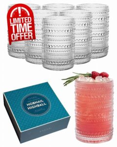 14 oz. Hobnail Highball Glasses Set of 6 (Clear) - Embossed Beaded Glassware Vintage XL Drinkware Double Old Fashioned Glass for Beverages