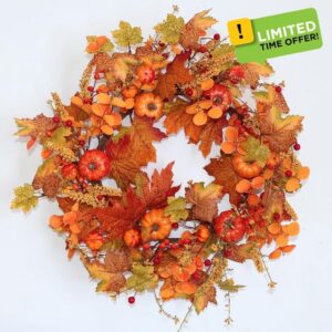LLZLL Artificial Autumn Wreaths for Front Door 20inch Orange Harvest Fall Door Wreath with Pumpkin Maple Leaf and Berry Thanksgiving Farmhouse Fall Wreaths for Front Door
