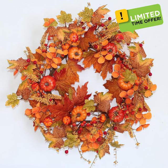 LLZLL Artificial Autumn Wreaths for Front Door 20inch Orange Harvest Fall Door Wreath with Pumpkin Maple Leaf and Berry Thanksgiving Farmhouse Fall Wreaths for Front Door