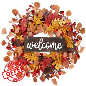 Sggvecsy Fall Wreath 18&rsquo; Autumn Front Door Decor Artificial Harvest Wreath with Wooden Bright Oak Leaves Pumpkin Acorn Berries Thanksgiving Wreath for Indoor Outdoor Home Wall Farmhouse Decorations