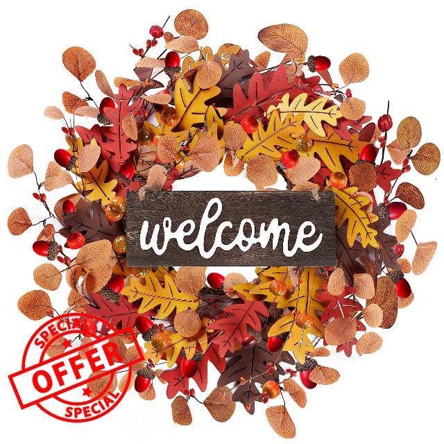 Sggvecsy Fall Wreath 18’ Autumn Front Door Decor Artificial Harvest Wreath with Wooden Bright Oak Leaves Pumpkin Acorn Berries Thanksgiving Wreath for Indoor Outdoor Home Wall Farmhouse Decorations