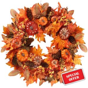 Sggvecsy Fall Wreath 20&rsquo;&rsquo; Autumn Front Door Wreath Harvest Wreath with Various Pumpkin Cluster of Berries Maple Leaves Pine Cones for Outside Indoor Wall Window Festival Thanksgiving Autumn Fall Decor