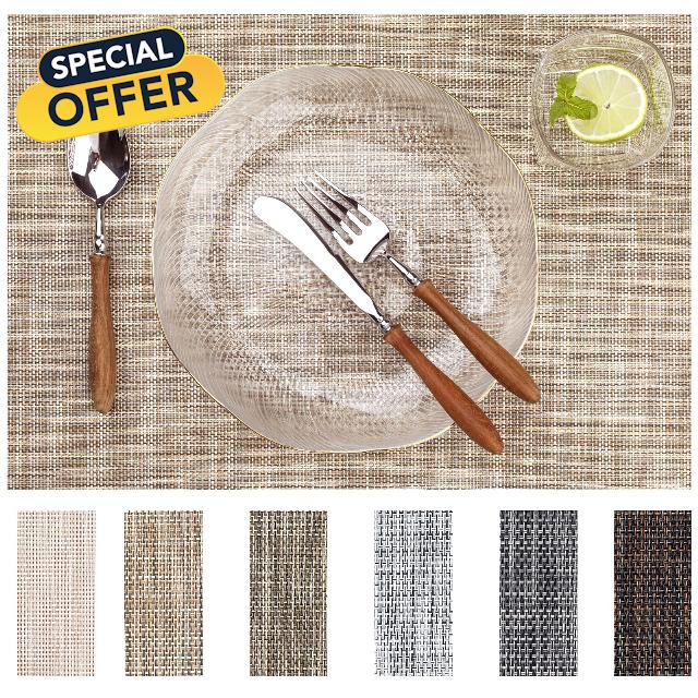 LEXMORE Placemats Set of 6 Washable Indoor/Outdoor Vinyl Place Mats for Dining Table Durable PVC Weave Table Mats(Caramel)