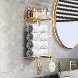 Solbortum Towel Rack Wall Mounted Towel Rack with Acrylic Shelf & 4 Hooks Wall Mount Towel Holder Bath Towel Storage for Rolled Towels Organizer Bathroom Shelf with Towel Hooks Towel Holder Wall