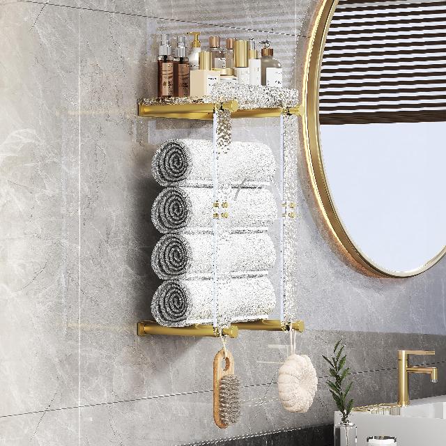 Solbortum Towel Rack Wall Mounted Towel Rack with Acrylic Shelf & 4 Hooks Wall Mount Towel Holder Bath Towel Storage for Rolled Towels Organizer Bathroom Shelf with Towel Hooks Towel Holder Wall