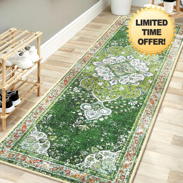 YesRug Washable Runner Rug 2x6 Green Boho Runner Rug for Hallway Entryway Kitchen Laundry Room Bathroom Bedroom Non Slip Persian Vintage Rug Indoor Lightweight Carpet