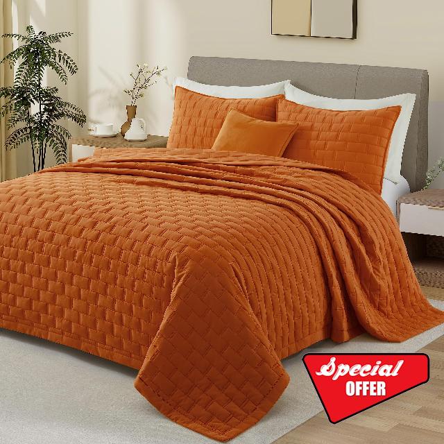 Lavsiry King Size Burnt Orange Quilt with 2 Pillow Shams