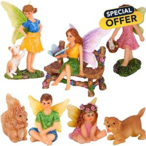 Mood Lab Fairy Garden - Miniature Fairies Figurines with Animals - Statues & Accessories Decor Set of 8 pcs