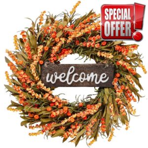 Sggvecsy Artificial Fall Wreath 22&rsquo;&rsquo; Autumn Front Door Wreath Harvest Wreath with Fall Flowers Foam Leaves Small Pumpkins for Outside Indoor Wall Window Festival Thanksgiving Fall Autumn Decor
