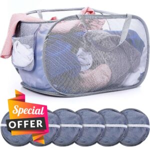 Umigy 6 Pcs Collapsible Laundry Basket with Side Pocket Foldable Mesh Laundry Hamper with Carry Handles Sturdy Gray Pop up Hamper for Dirty Clothes Bathroom Dorm Travel Camping