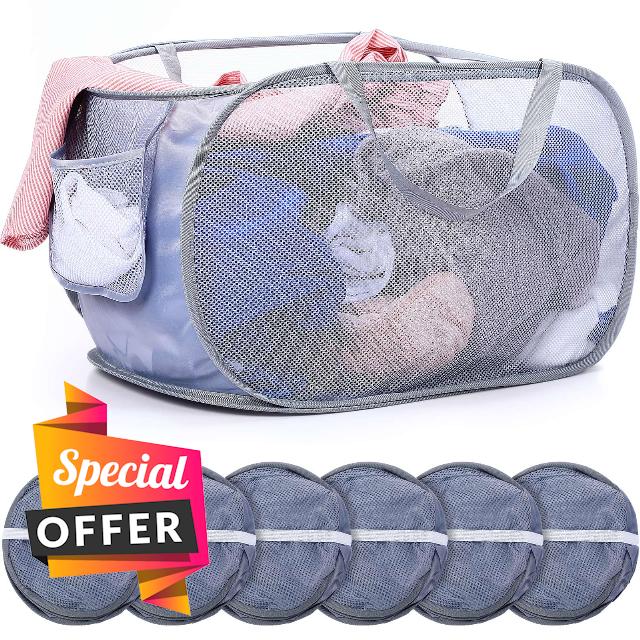 Umigy 6 Pcs Collapsible Laundry Basket with Side Pocket Foldable Mesh Laundry Hamper with Carry Handles Sturdy Gray Pop up Hamper for Dirty Clothes Bathroom Dorm Travel Camping