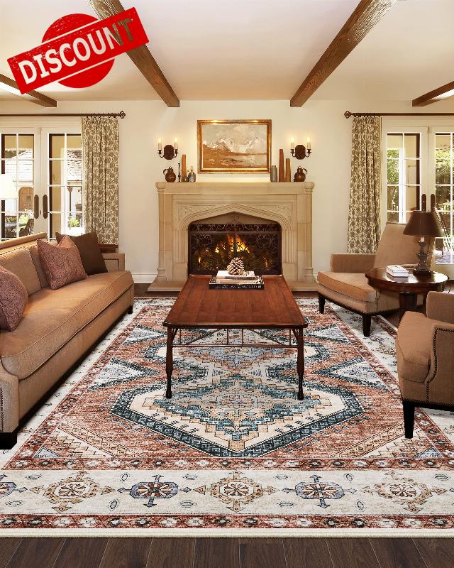 Area Rug Living Room Rugs - 8x10 Large Machine Washable Boho Carpets Vintage Persian Tribal Anti Slip Backing Thin Carpet for Under Dining Table Bedroom Farmhouse Home Office Red