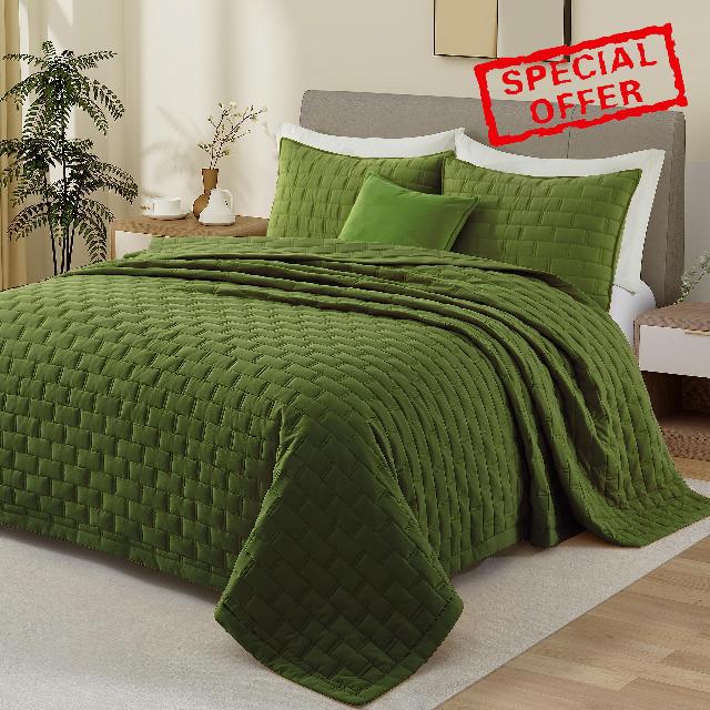 Lavsiry Queen Olive Quilt with 2 Pillow Shams