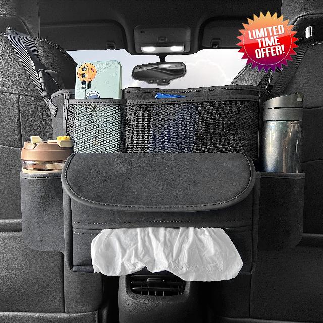 JEYODA Car Suede Seat Organizer High-capacity Seat Back Pouch Central Storage for Pickup SUVs Double-sided Tissue Storage Handbag Holder car accessories (Black)