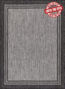 Lena Rug Washable Indoor Outdoor Rug Weather Resistant Indoor Outdoor Carpet for Porch Deck Balcony Backyard Patio Rug 9x12 Bordered Silver Grey/Dark Grey