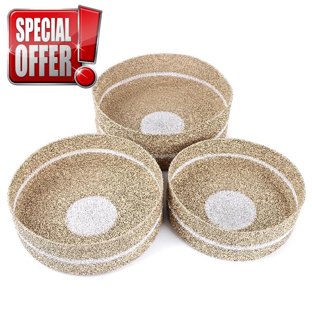 Round Coiled Raffia Rope Basket Bowls - 3 Decorative Storage Baskets Sustainable