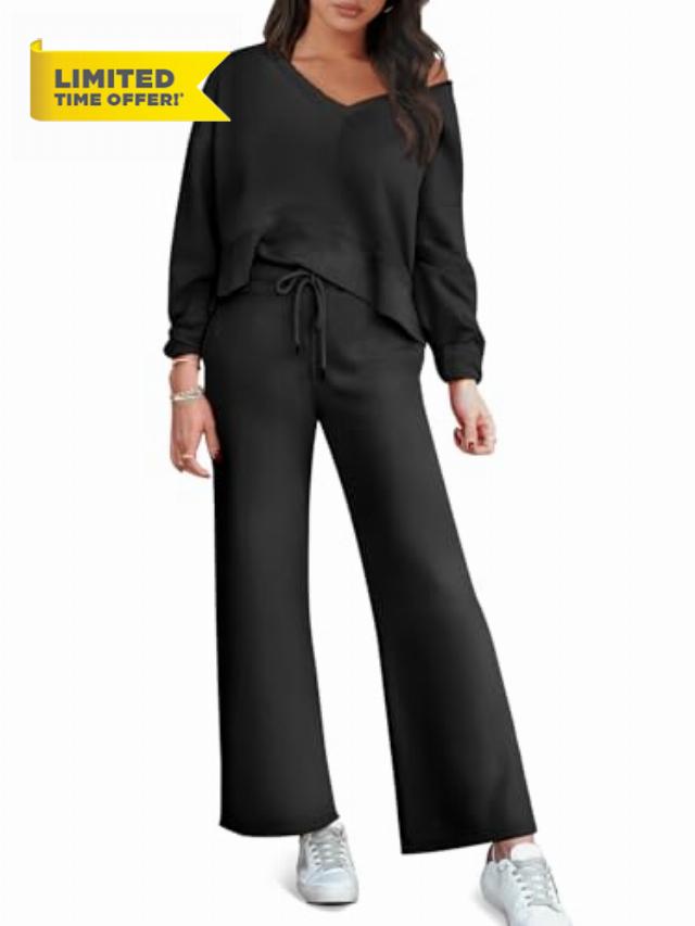 Prinbara Women's Two Piece Outfits Sweatsuit Set Casual Long Sleeve V Neck Top Wide Leg Pants Matching Lounge Sets