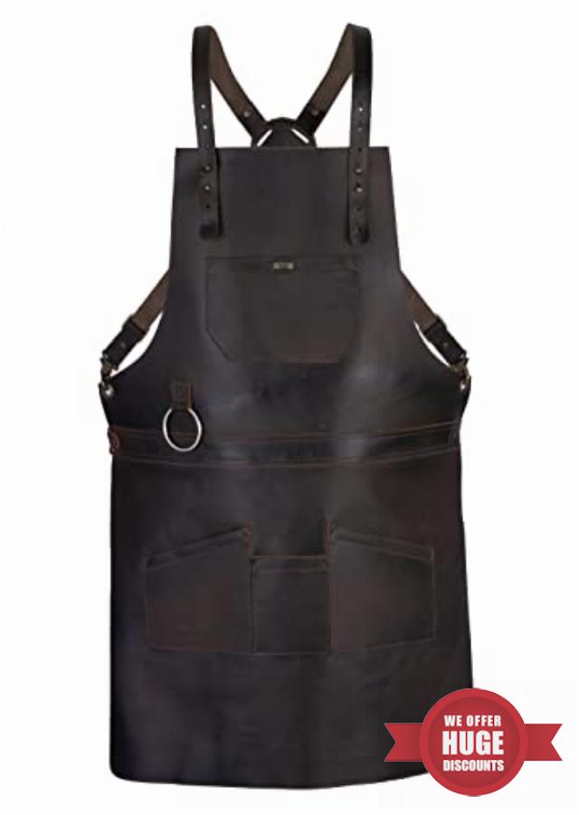 Charlie LONDON Real Leather Multi-Pocket Cross Back Apron Butcher Apron - BBQ Apron - Cooking Apro