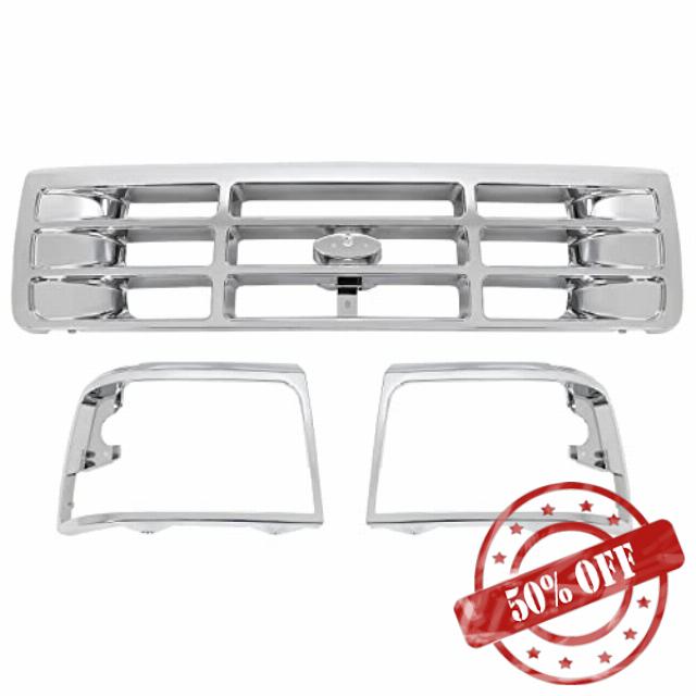HECASA Front Grille & Headlight Bezel Compatible with 1992-1997 Ford Bronco F-150 F-250 HD F-350 Replacement for FO1200442 FO2512130 FO2513131 Chrome Silvery
