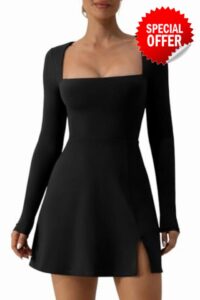 QINSEN Womens Square Neck Bodice Dress Long Sleeve Side Slit Flare Mini Dresses